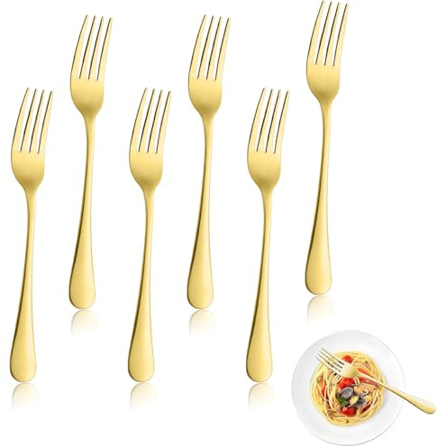 6 PCS Gold Dinner Forks – 8 Inch Stainless Steel Table Fork Set with Mirror Finish, Dishwasher Safe Flatware for Home or Restaurant Use