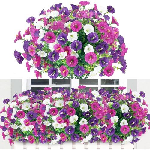 Bebochoi 6 Paquetes Flores Artificiales Seda Petunia, Plantas Artificiales Resistentes a los Rayos UV, Plantas Colgantes para Interiores y Exteriores, para decoración de Fiestas en el jardín del hogar