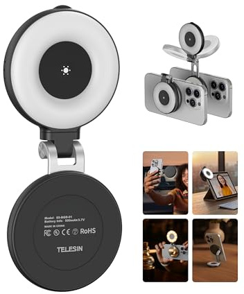 TELESIN C03 Magnetic Selfie Light, 3-in-1 Magnetic Beauty Selfie Light for Phones, CRI97 360° LED Portable Light w/Mirror for iPhone/Android for Selfies/Photography/TikTok/Zoom Calls/Video (Black)
