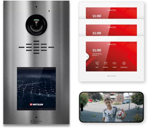 Metzler Video Sprechanlage für 1-500 Parteien Komplett Set - LAN/POE - Türsprechanlage mit IPS Touchscreen-Display und 3 Innenstationen als Kit, Smartphine App, aus V2A Edelstahl | VDM10 2.0 Horizon