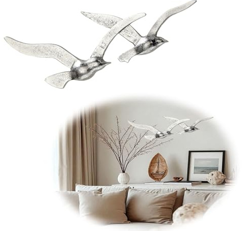 LS-LebenStil XL Wand-Deko Möwe - 39cm 2-fach Silber Alu Vogel Wand-Objekt Wandhänger Deko-Figur Wand-Kunst Hänge-Dekoration Wohnzimmer Schlafzimmer Badezimmer Flur Wohn-Dekoration zum Aufhängen