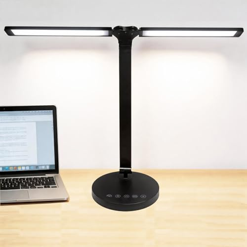 Dual Swing Arm LED Desk Lamp W/Dual Heads,Eye-Caring Table Reading Light W/5 Light Colors/Stepless Dimming/45Min Timer/3 Night Light Modes,Foldable Touch Control Beside Desk Light for Work,Study,Black