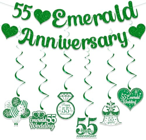 Gidobo 55th Wedding Anniversary Decorations Set, 55 Emerald Anniversary Banner, 6 Pieces Hanging Swirls, Glittery Party Hanging Bunting for Couple Parent Celebration