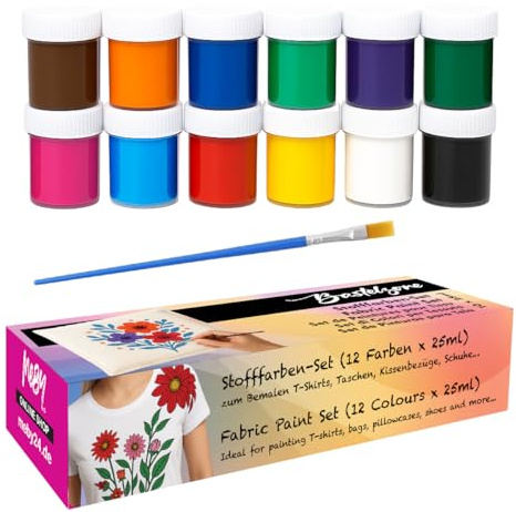 MEBY Textilfarben – Stoffmalfarben Set mit Pinsel, Waschfeste & Leuchtende Textilfarben für Kinder & Erwachsene, Ideal für T-Shirts, Taschen & Stoffe (12 Farben x 25 ml)