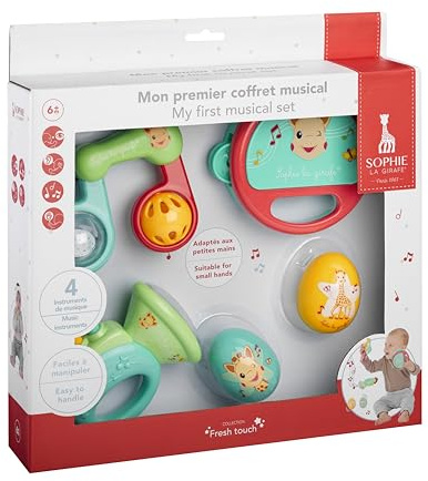 Sophie la Girafe - Min första musikaliska box - baby sonorisk uppvaknande leksak 6 månader+ - 4 lättgreppade instrument - trummor, maracas, trumpet och skallror - presentidé för födseln - fräsch touch