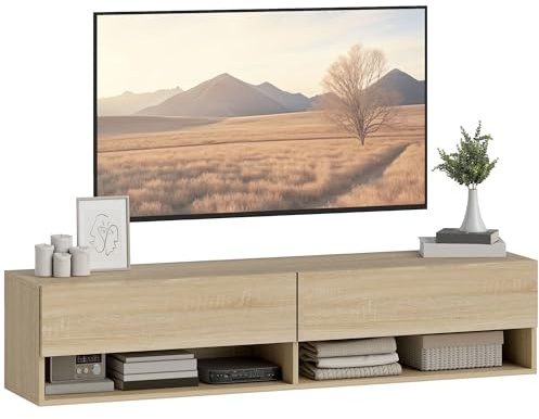 HOMCOM Mueble de TV Suspendido, Mueble de TV para Salón con 2 Cajones Abatibles, 2 Estantes Abiertos, Gestión de Cables, Estilo Moderno, para Televisión 60 Pulgadas, 140x32x31 cm, Madera Natural