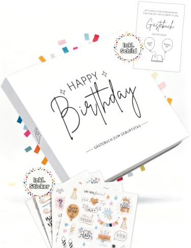 Gästebuch Geburtstag mit Fragen & Blankoseiten zum Ausfüllen, Sticker, Weiß | für 18 30 40 50 60 70 Geburtstag – Frau & Mann, Geschenkidee, Gastgeschenk, Geburtstagsbuch, Blanko, Party, inkl. Aufsteller