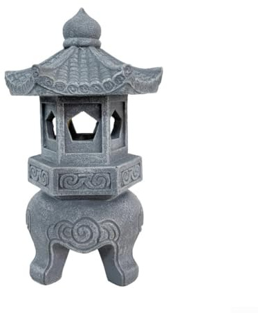 Feeshoppher Zen Solar-Pagodenlaterne, Kunstharz, asiatische Gartendekoration mit wasserdichter Beschichtung, Außen-Steinlampe für Terrasse, Hof, Innenhof, graue Statue 32,6 cm (12,6 Zoll