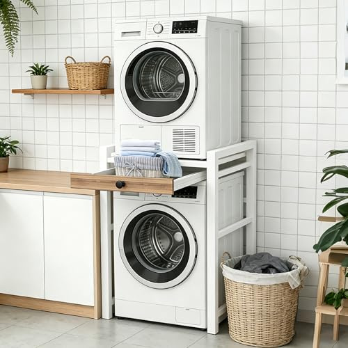 Ogimeka Estantería para lavadora, lavadora y secadora, armario para lavadora con cajón extraíble, para baño y balcón, capacidad de carga 350 kg, 75 x 65 x 104 cm (blanco B)
