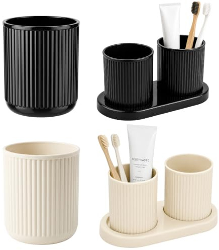 Juego de 4 vasos para cepillos de dientes, 2 crema blanca, 2 negros con 2 soportes dobles para cepillos de dientes, organizador minimalista para baño, soporte higiénico y estable para el baño y el