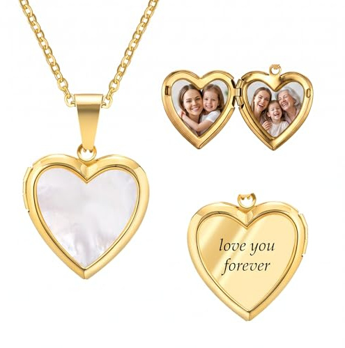 ALBERTBAND Collar Foto Personalizado Colgante Corazón Medallón para Mujer con 2 Fotos y Texto Joya Regalo para Mamá Esposa Novia (A-Oro)