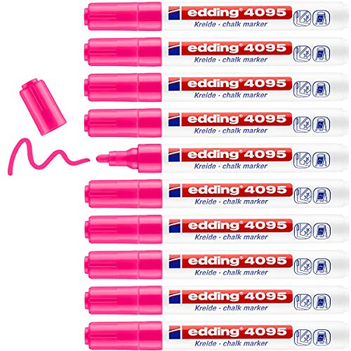 edding 4095 Kreidemarker - neon-pink - 10 Kreidestifte - Rundspitze 2-3 mm - Kreidestift für Tafel abwischbar - zum Beschriften von Fenster, Glas, Spiegel - Tafelstift mit deckenden Farben