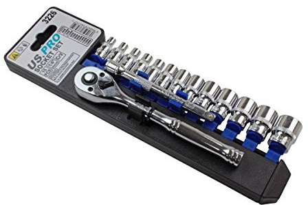 US PRO 15pc 1/4 Drive CRV Ratchet Socket & Extension Set Shallow Sockets 4mm - 14mm 3226