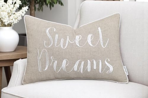Rudransha 12x18 Sweet Dreams Lumbar Pillow Cover - Embroidered Statement Throw Pillowcase - Decorative Cushion for Bed, Sofa, Nursery, Reading Nook - Dreamy Bedroom Accent - Natural