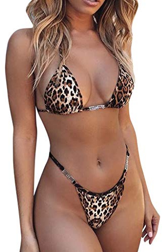 Maillot de Bain Femme 2 Pièces Sexy String Bikini Push Up Léopard S