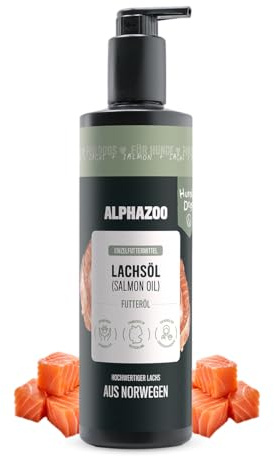 alphazoo Lachsöl für Hunde 500ml – kaltgepresstes Omega‑3 & ‑6 Fischöl aus Norwegen, Barf‑geeignet, Fellpflege, natürlich & in Deutschland abgefüllt