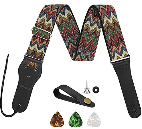 Philorn Gitarrengurt Verstellbarer Echtleder Enden Jacquard Weave Bassgurt für Akustik/Elektrik/Gitarren, Geschenk für Erwachsene & Kinder (Mehrfarbige Streifen)