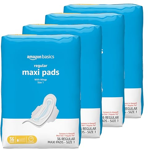 Amazon Basics Thick Maxi Pads with Wings for Periods, Regular Absorbency, Feminine Pads, Unscented, Size 1, 144 Count