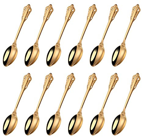 Mafier 12 Stück Mini Goldlöffel Edelstahl Espressolöffel, 5,12 Zoll Demitasse Löffel für Zucker Dessert Kuchen Eis Suppe Antipasti Cappuccino Kaffee Teelöffel
