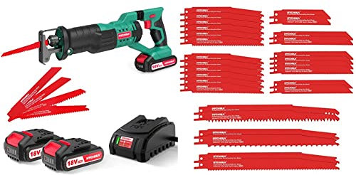 HYCHIKA Scie Sabre Sans Fil 18V 2 Batteries 2Ah, 32 Lames et Accessoires - Outil Électrique