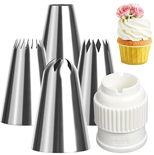 Marsred 304 Edelstahl Spritztüllen groß (XL) mit Adapter (821,855,869, 807), 18/8 Rostfrei Tüllen 5er Set zum Spritzgebäck, Deko von Cupcakes Torten, Zuckerguss, Brandteig