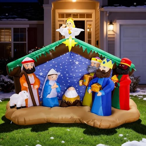 8 FT Christmas Inflatables Nativity Scene Outdoor Decorations, Christmas Blow Up Yard Decorations Nativity Sets for Garden Lawn Xmas Decor