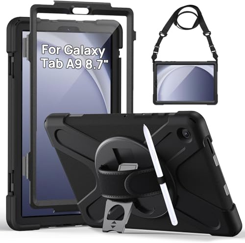 Gerutek Shockproof Case for Samsung Galaxy Tab A9 with Screen Protector | samsung a9 tablet case, full body galaxy tab a9 cover, 360 Rotating stand, hand/shoulder strap protective shell