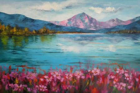 adrium Acryl-Bild 50 x 30 cm: Bergseelandschaft mit bunten Blumen. Digitale Malerei in Öl. (207952331)