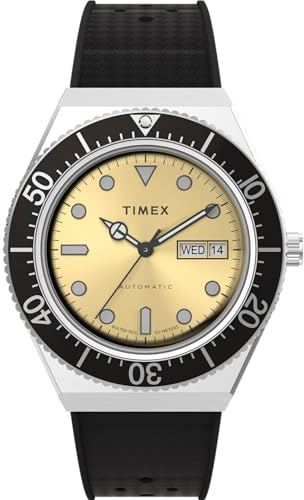 Timex Q Automatic Herren-Armbanduhr, 40 mm, Edelstahl-Synthetikkautschuk-Armband, champagnerfarbenes Zifferblatt, Edelstahlgehäuse TW2W47600