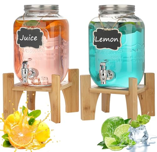 Hiziwimi 4L×2 Glass Drink Dispenser, Water Dispenser Beverage Dispenser with Tap and Stand, Juice Dispenser with Iron Holder, for Cocktail Pool Party & Family Gatherings, Suggested use temperature≦45℃