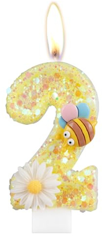 Geburtstagskerzen Zahlen 2, Geburtstagsdeko 2 Jahr Junge Mädchen, Gelb Kerzen Geburtstag, Honigbiene und Blume Tortendeko Geburtstag, Personalisierte Geburtstagskerzen Torte Deko KinderGeburtstags