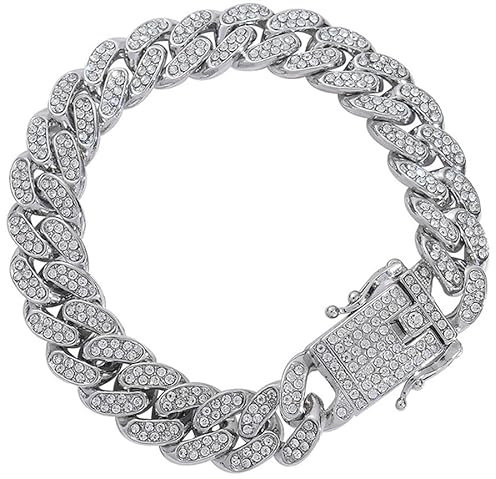 Pimaodog Chain Dog Collar with Bling, Glitter Rhinestone Sparkly Diamond Metal Necklace Cuban Link Cat Collars for Small Medium Large Pet Dogs Puppy (Silver, 10 Inches)