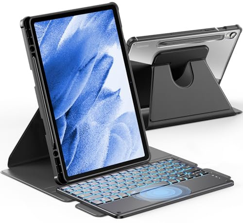 INFILAND Hülle mit Tastatur für Samsung Galaxy Tab S10/S9 FE/S9, hochpräzises Touchpad, 360° drehbar, abnehmbare beleuchtete deutsche Bluetooth-Tastatur, Schwarz