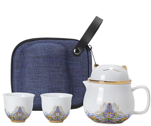 Vriusi Juego de té portátil de cerámica, juego de de gato de la suerte, juego de de cerámica a prueba de golpes, juego de tazas de té de porcelana para viajes, juego de té con colador