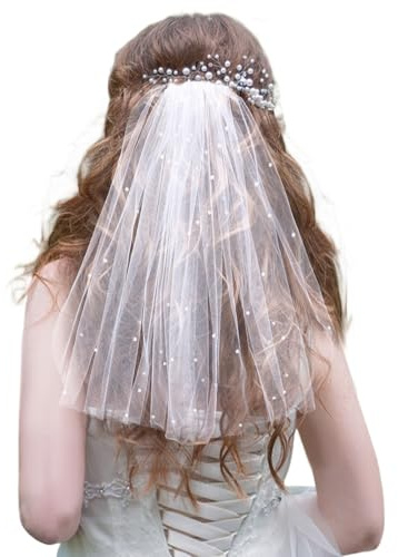 Piriuuo Short White Pearl Wedding Veil with Comb - Elegant Tulle Layer Bridal Headband Decorations