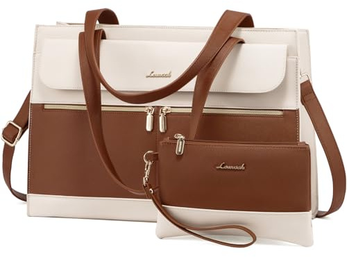 LOVEVOOK Laptop handväska dam, PU-läder 2-i-1 Crossbody Tote Bag handväska, stor business shopper-väska arbetsväska, elegant axelväska portfölj lärarväska för kontor arbete, Beige-brun, 15.6 Zoll