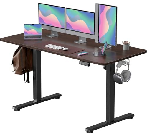 VOSATRON Bureau électrique réglable en hauteur 160 x 60 cm avec commande à mémoire et technologie anti-collision, roulettes, planche de jonction, cadre noir/plateau en acajou