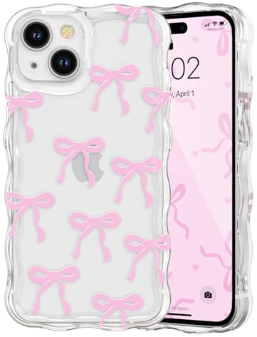 QLTYPRI Etui pour iPhone 13, Coque Transparente pour Filles et Femmes avec Nœud Ruban et Vague Bouclée, Housse Nœud Papillon Esthétique Protectrice en Silicone Souple TPU Antichocs - Rose