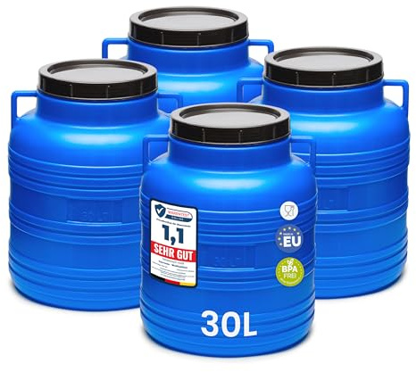 Garronda set 4×30 liter bredhalsfat – BPA-fritt foderfat och universalfat av livsmedelssäker HDPE med lock, regnvattenfat för trädgården, vattentunna GD-0121, Blå