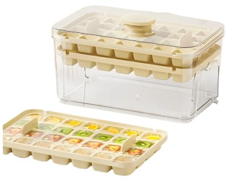 Vassoio per ghiaccio, vassoio per cubetti di ghiaccio, quadrato con coperchio ermetico (56 pezzi), ghiaccio trasparente doppio uso, facile rimozione (giallo crema)