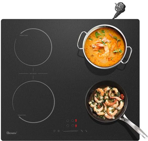 GIONIEN Induktionskochfeld mit Stecker 60cm 16Amp,Integriertes Elektrokochfeld Plug in mit Brückenzone, 4 Kochstellen Herd,2800W,Schwarzes Milchglas,GITS470VDEF