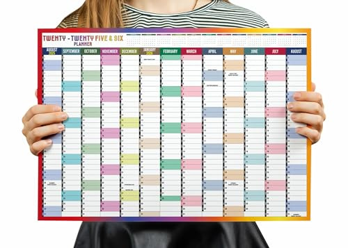 Grand planificateur mural 2025-2026, Format A2, Calendrier scolaire annuel, Grand planificateur d'août à août, Année académique complète, 42 x 59,4 cm (plié), 1 pièce