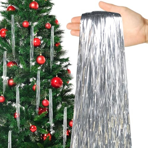 succulentlovers 55,9 cm großer Weihnachtsbaum-Eiszapfen, 6000 Stränge, silberfarbene Lametta-Folie, Franseneiszapfen, glänzende Eiszapfen-Lametta-Stränge für Weihnachtsbaum, Urlaub, Geburtstag, Party