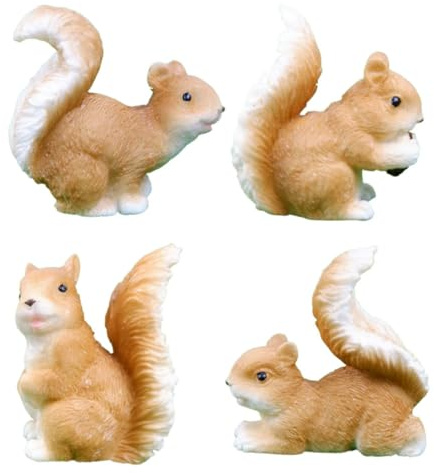 SMASOLO Piccole Statuette di Scoiattoli in Resina Realistica per Decorazione da Giardino Interno ed Esterno, Set da 4 Miniature Artigianali per Micro Paesaggi, Accessori Versatili