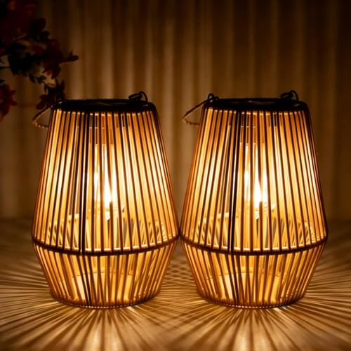 Solar Lanterns for Outside, Rattan Solar Lights Outdoor Garden Ornaments, Gifts for Mothers Day Presents for Women Grandma Mum, Waterproof Solar Lanterns for Garden, Patio, Yard (2 Pack)