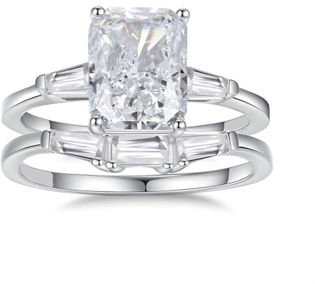 Ayoiow Echtgold Ring Damen, 2.5ct Moissanit 3 Steine 2-Teiliges Set Vorsteckring 750 für Sie, 18 Karat Weißgold Größe 60 (19.1)