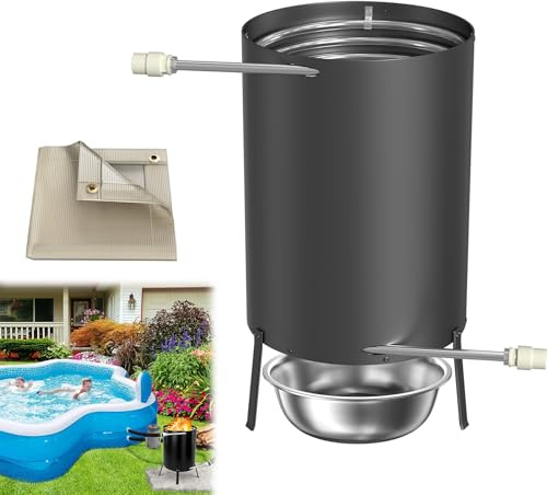 LARS360 Calefacción para piscina de leña de acero inoxidable 32/38 mm, conectores de 32/38 mm, calentador de piscina con fuego, barril de fuego con espiral de calefacción, cubo con estera y bolsa de