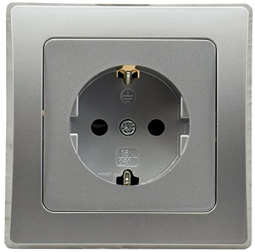 DELPHI Steckdose Unterputz 250V 16A Schutzkontaktsteckdose mit Steckklemme1-fach Rahmen Einsatz 55x55mm Silber Grau