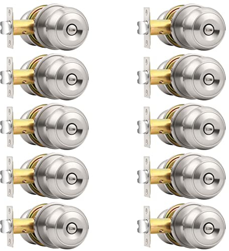 Probrico Brushed Nickel Bed/Bath Door Knobs, Satin Ball Door Knob, Interior Door Knobs for Bedroom Bathroom, Privacy Function, 10 Pack