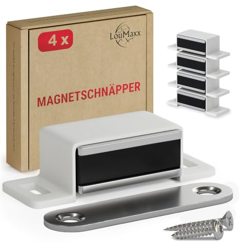 LouMaxx Magnetschnäpper stark – 4er Set weiß – Türmagnet für Schrank- und Möbeltüren mit 4 kg Haltekraft – Magnetverschluss inkl. Montagematerial